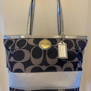 Coach Signature C jacquard and metallic tote with leather trim